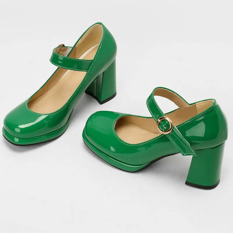 PU Patent Leather Green Navy Blue Closed Toe Mature Ladies Office Pumps Buckle Strap Vintage Women Mary Janes Shoes Block Heels