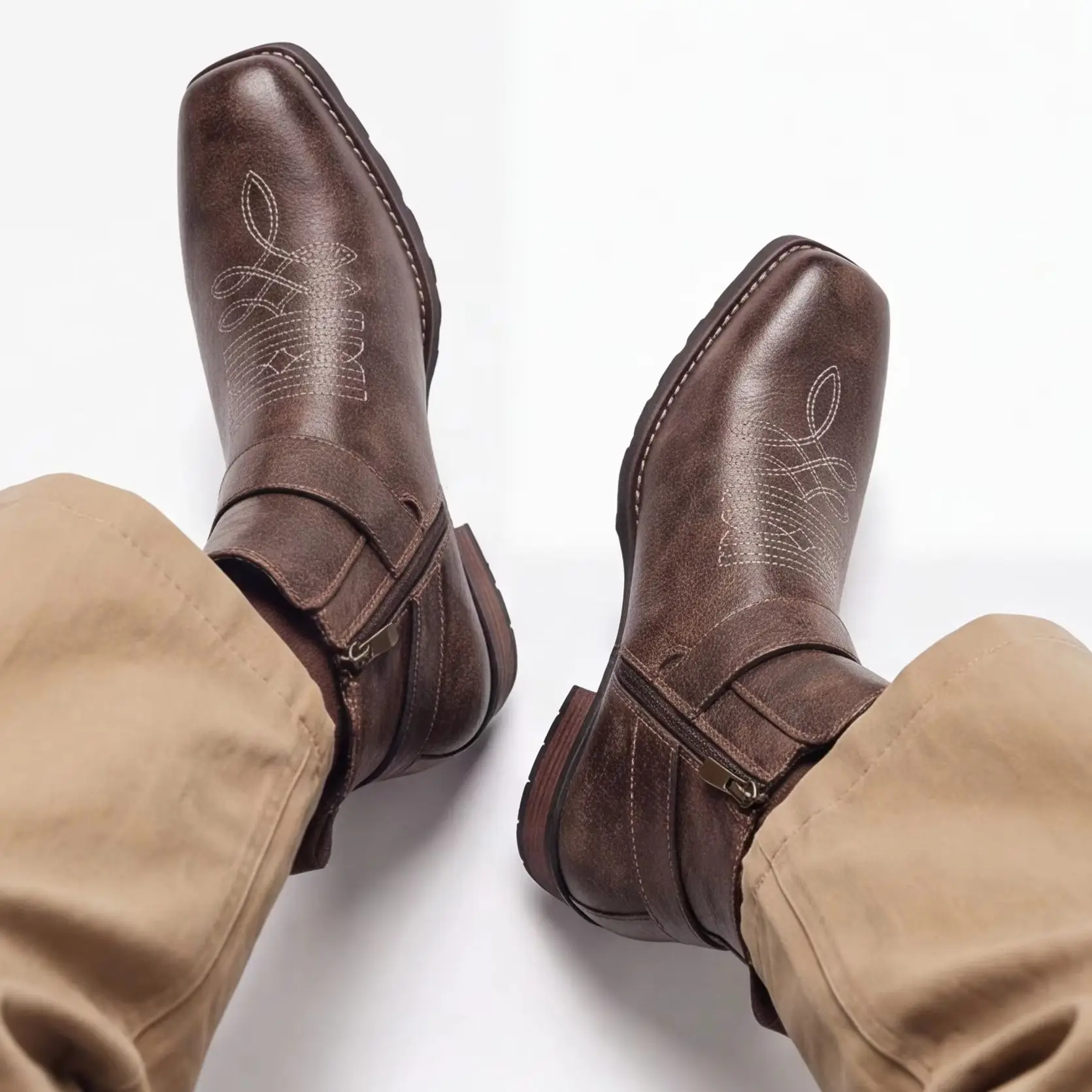 Cowboy Boots For Man Vintage Brown Western Ankle Boots Square Toe Harness Strap Side Zip Men's Boots