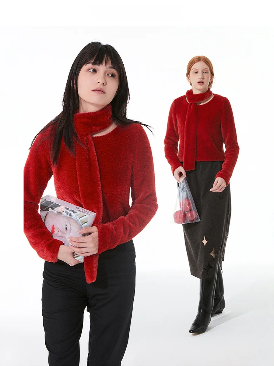 

Soft Rabbit Fur Short Top APE KISS New Year Style Super Commute Style Long Sleeve round Neck Inner Wear for Women