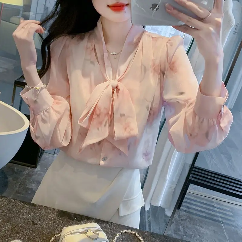 

Шифоновая рубашка с длинными рукавами и узлом-бабочкой для женщин, новая маленькая рубашка в западном стиле для женщин, шикарный топ для женщин