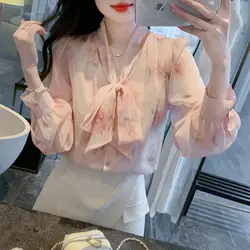 Butterfly Knot Long Sleeved Chiffon Shirt for Women New Western-style Small Shirt for Women Chic Top for Women