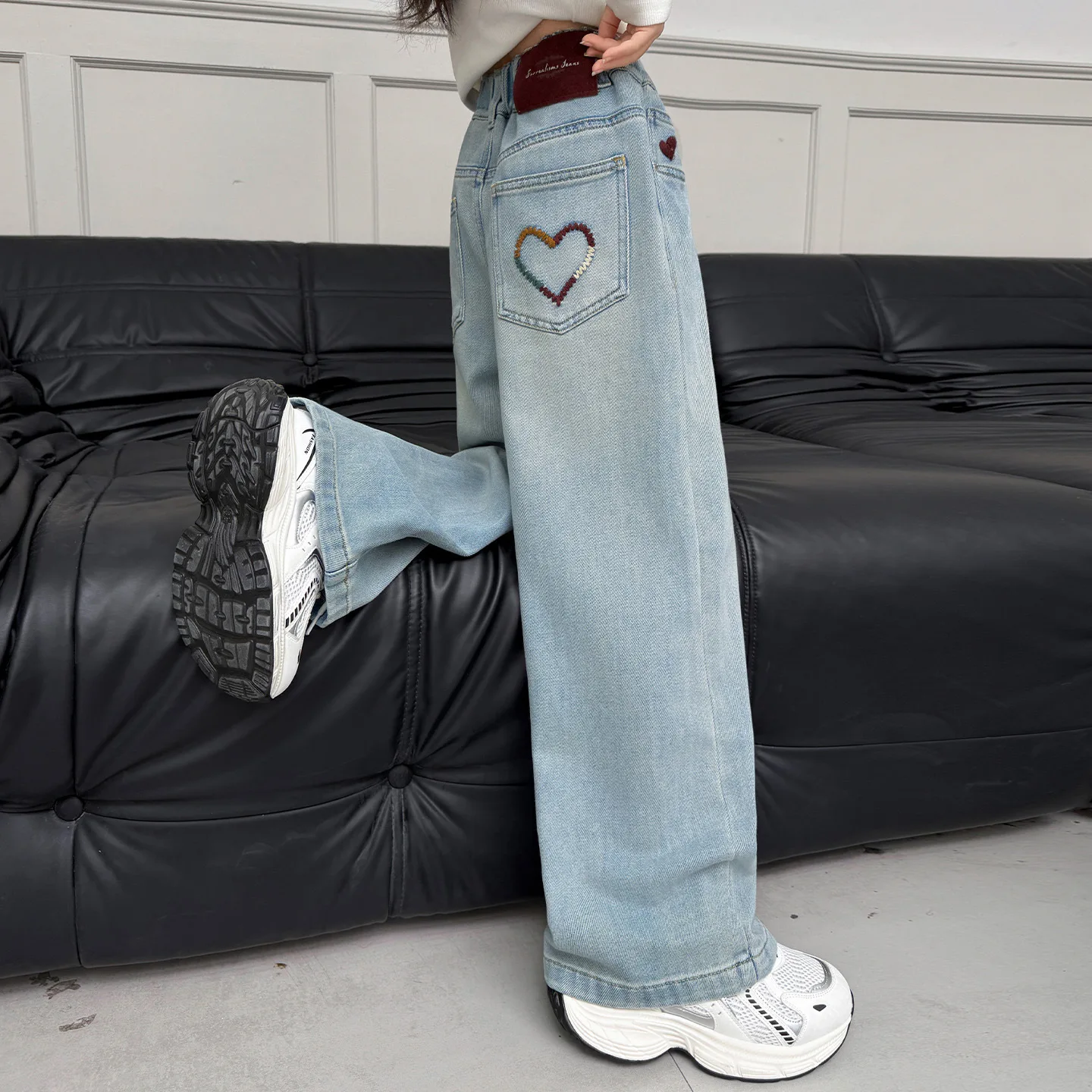 UNITIM Junior Girls Jeans 4-14Y Kids Girls Denim Pants Loose Love Pockets Children Girls Straight Pants Young Teen Girl Trousers