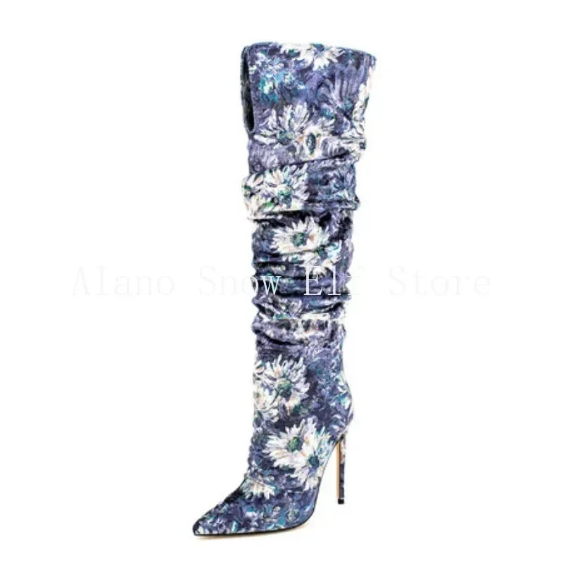 Women Pointed Toe Long Boots Fashion Print High Heels Slip On Mature Ladies Shoes Brand Design New Blue Flower Luxury Booties