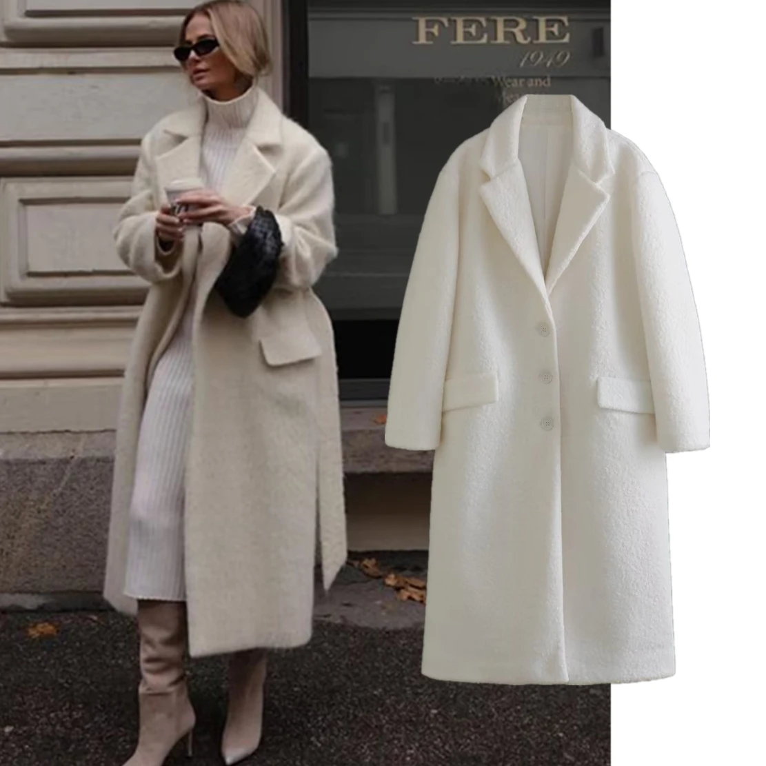 Maxdutti 2023 Coat Women Fashion Women\'s White Single-Breasted Trench AW British Woolen Long Coat