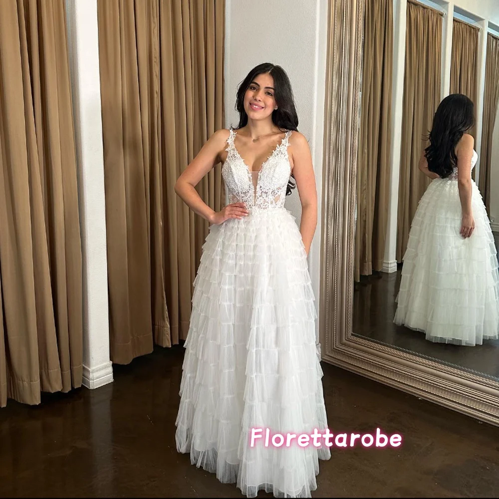

Customized V- Neck Multi-Layer Tulle Stacking Wedding Dress Appliques Lace A-Line فستان زفاف