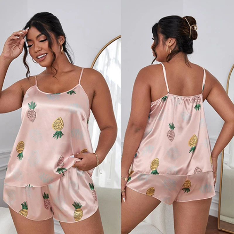 Large Size 5XL Pajamas Set Women\'s Sexy Suspender Tops Shorts Two-piece Sleepwear Pineapple Print Casual Home Clothes Loungewear