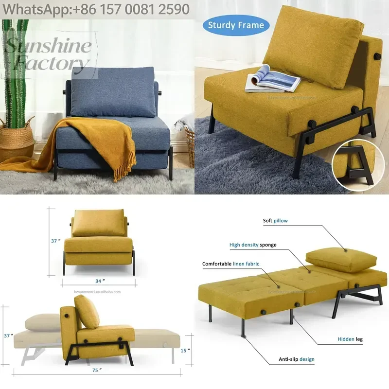 Sofa Bed, Sleeper Convertible Chair Multi-Function Guest Bed Modern Breathable Linen Folding Bed with Hidden Legs for Small