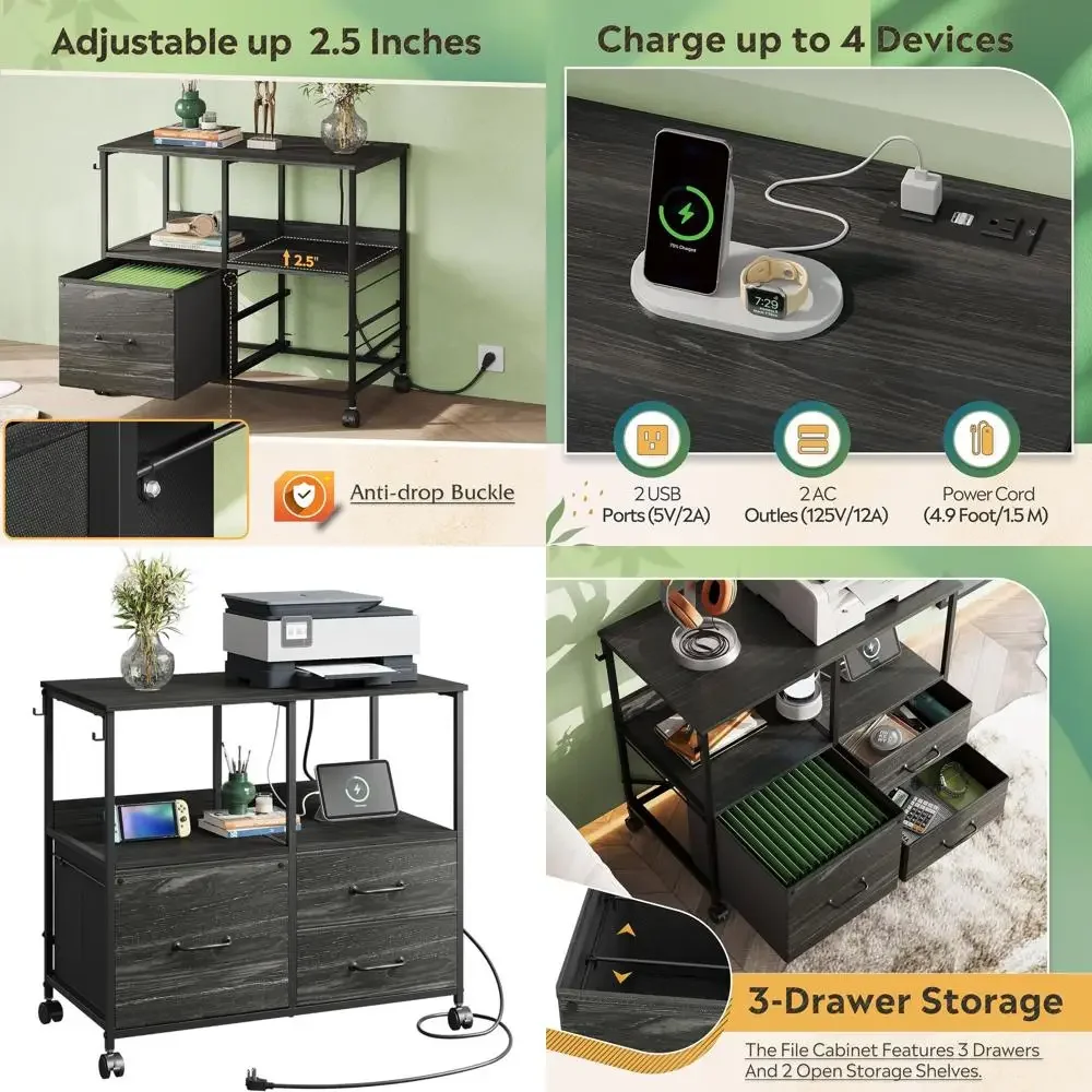 

Передвижная подставка для принтера с регулируемыми полками, формат A4/Letter, цвет угольно-черный с текстурой под дерево, для домашнего офиса