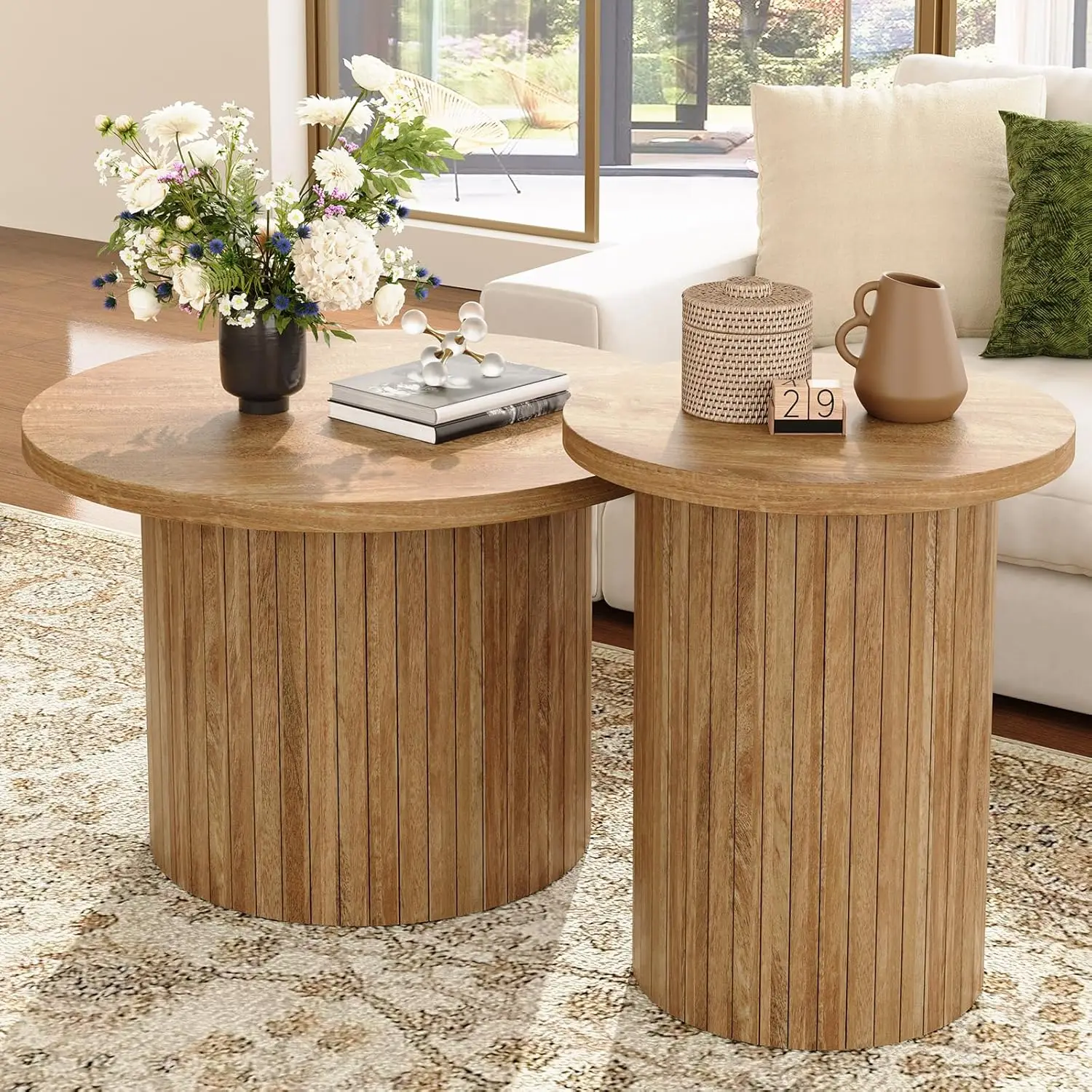 

Nesting Coffee Table Set Of 2, Mid Century Modern Round Coffee Table, Wood Slat Side Table Set For Living Room,, Customized