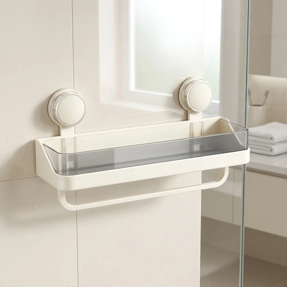Wall Mounted Suction Cup Bathroom Shelf for Toilet Storage Rack with Multi Compartment Layout and Rinse Basket
