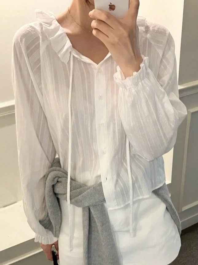 Sweet Young Looking Shirt for Women with Bow Tie Long Sleeve Single Button Baby Collar Inner Wear Top Korean Style Autumn Fas...
