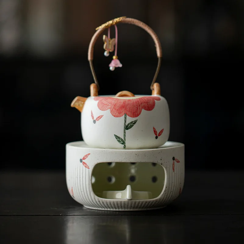 Pink Lead Hand-painted Sun Flower Jacquard Pot Combination Chinese Retro Ceramic Boiling Teapot Candle Warm Tea Stove