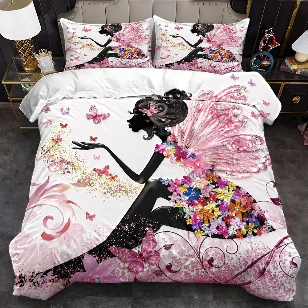 3Pc Dreamy Flower Fairy Theme Duvet Cover Set, Three-Piece Bedding Set (1*Duvet Cover + 2*Pillowcases), Suitable for All Seasons, Machine Washable, Invisible Zipper Double Bed Cover, Suitable for Home, Dormitory, Master Bedroom, Guest Room, Large Size Bedding Set, Exquisite Butterfly Floral Print Bedding, Light Luxury Shiny Decorative Bed Cover Set, Soft and Skin-Friendly Bedroom Bedding Set, Home Bedding Three-Piece Set 2D Flat Print