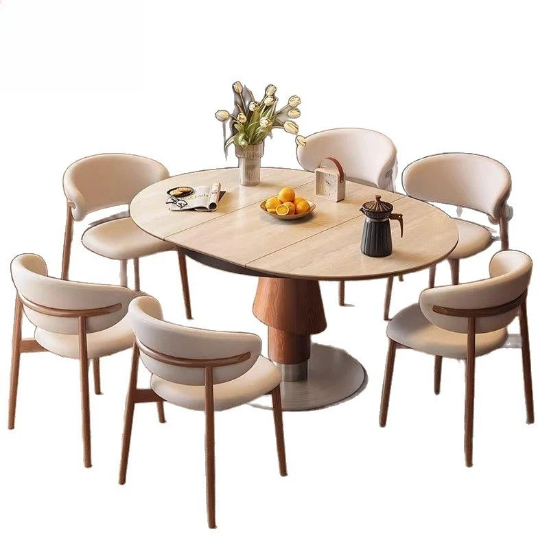 High-value telescopic dining table folding variable round table round travertine rock slab family solid wood high-end