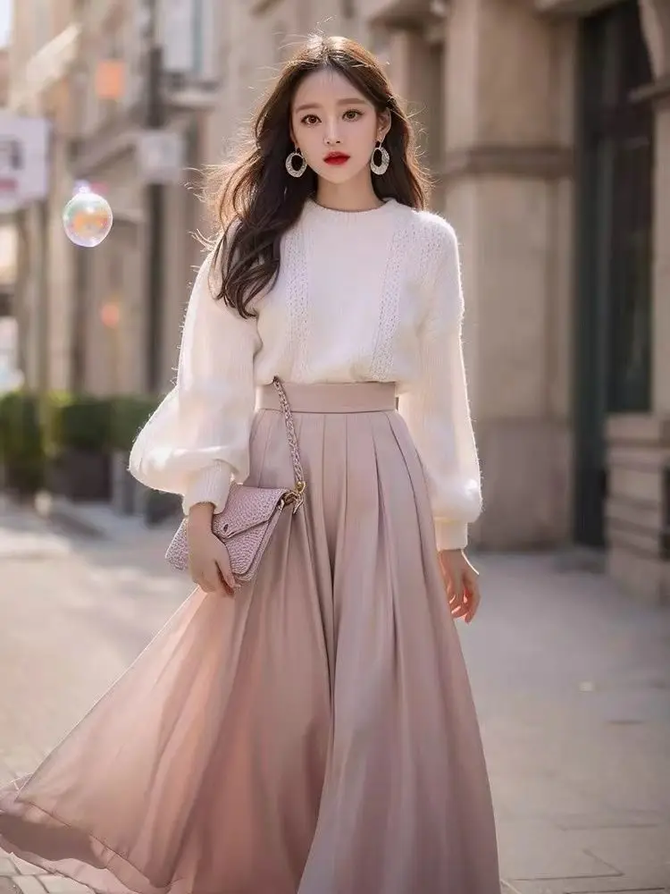 

Осенне-зимний новый комплект из двух предметов, однотонный свитер с круглым вырезом и рукавами-фонариками, пуловер + элегантная юбка, комплект для женщин