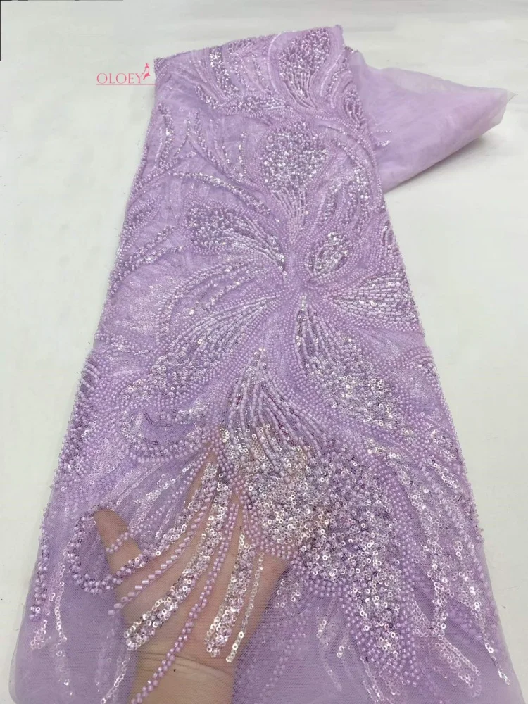 

OLOEY Luxury African Beaded Lace Fabric High Quality 2026 Beads 3d Embroidery French Tulle Laces 5 Yards for Nigerian Wedding Dr