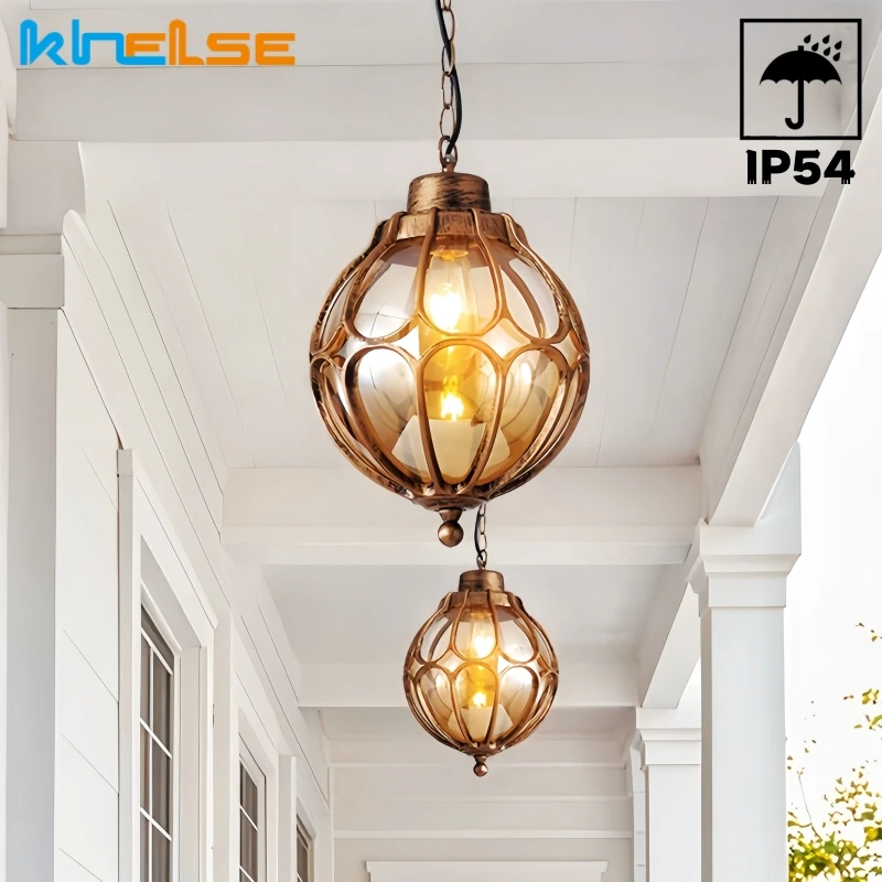 

E27 Retro Glass LED Waterproof Pendant Lamp Outdoor Industrial Street Chandeliers Corridor Garden Balcony Decor Hanging Lighting
