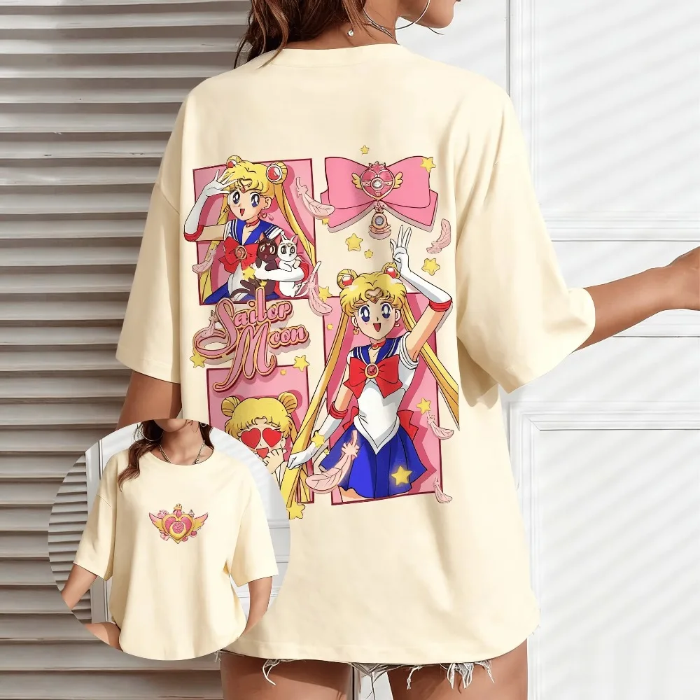 MINISO Sailor Moon Anime Koszulka Męska Damska Casual Krótki Rękaw Nadruk z Postaciami z Kreskówek Nowa Letnia Luźna Odzież Uliczna Harajuku Tee Y2k