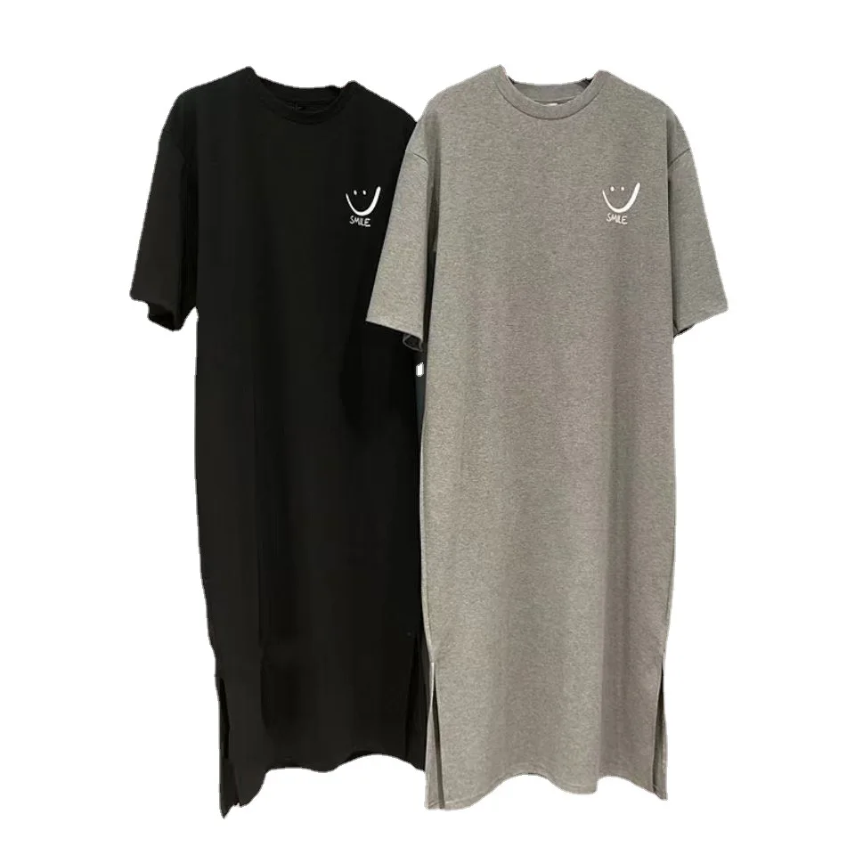 Women's summer long knee short-sleeved t-shirt skirt large size loose split dress daily casual dress