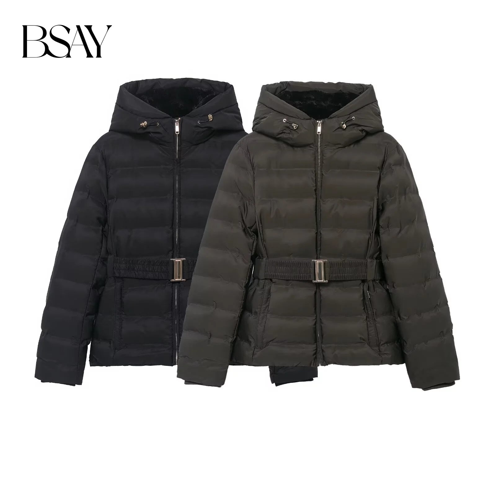 

BSAY Slim Waterproof Windproof Hood Thick Jacket for Women Fashion Autumn Winter New Solid Color Long Sleeve Short Jackets Coat