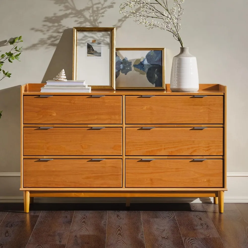 Modern Solid Wood 6-Drawer Dresser with Gallery-Top 55 Inch Caramel