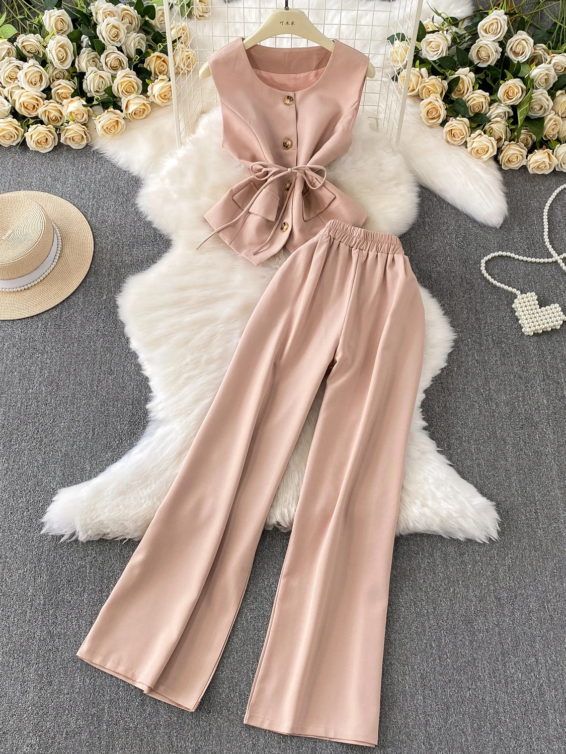 

High Waist Slim Fit Straight Leg Pants Suit with Svel Waist Cinching Vest Top Satin Feel Faion Set for Young Women