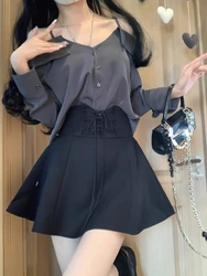 2024 New Gyaru Girl Preppy Style Outfits 2 Piece Set Fashion Strapless Slash Neck Shirt Top +Elastic Waist Bandage A-Line Skirts