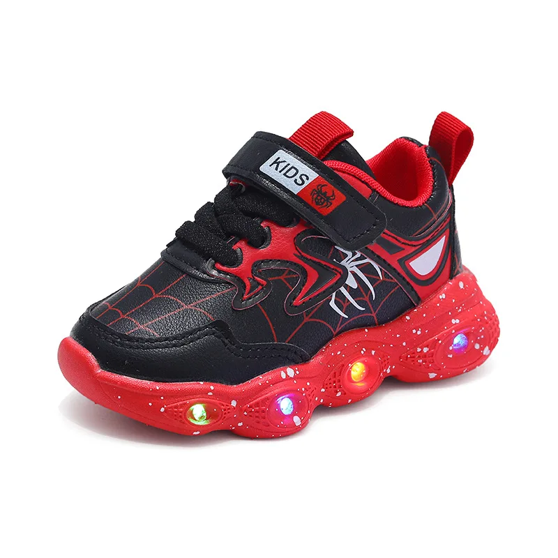 Disney LED Casual Sneakers Red Black For Spring Boys Spiderman Mesh Outdoor Shoes Children Lighted Non-slip Shoes Size 21-30