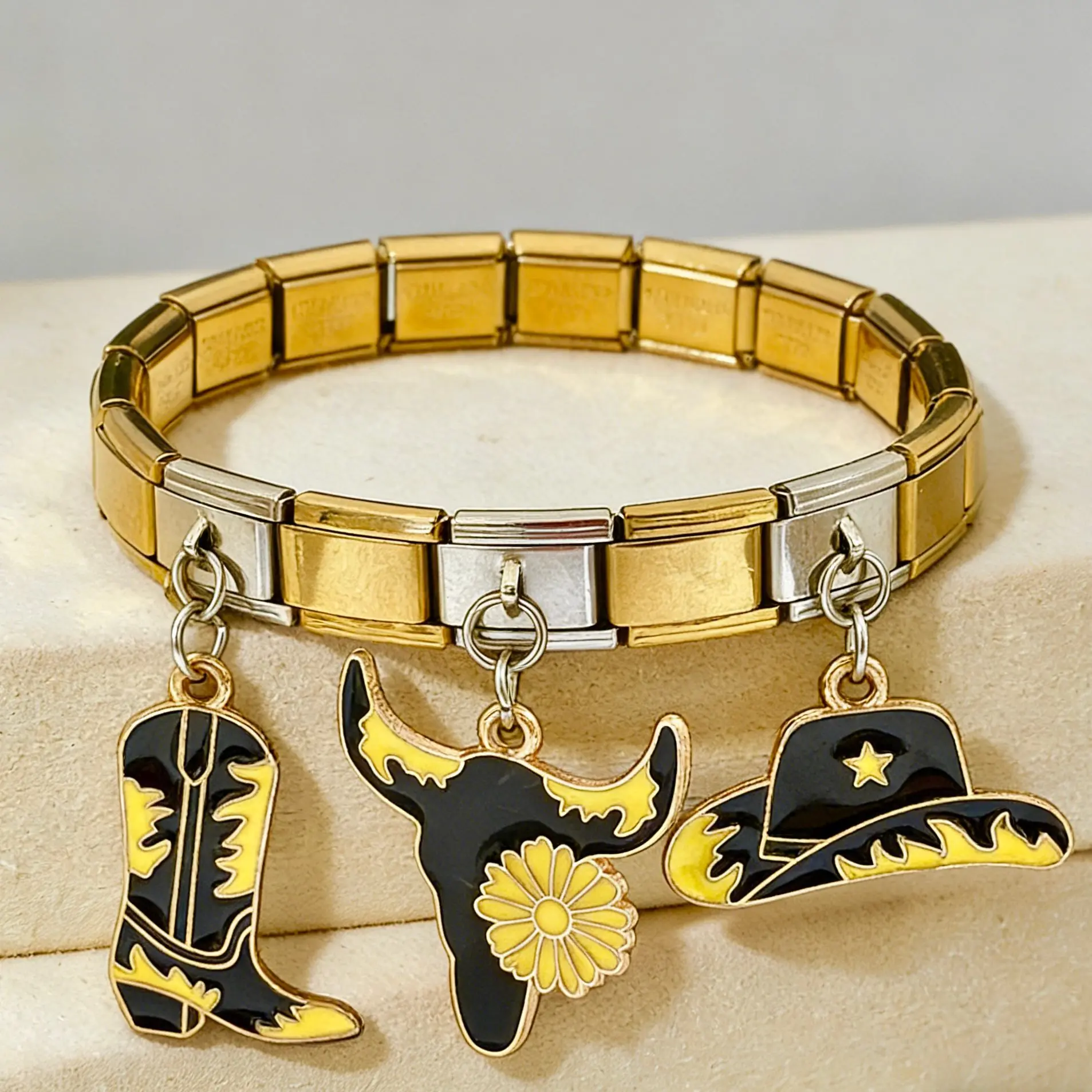 Oxford Shoes Boots Hat Western Cowboy Element Charms Italian Module Stainless Steel Bracelets for Woman Men DIY Making Jewelry