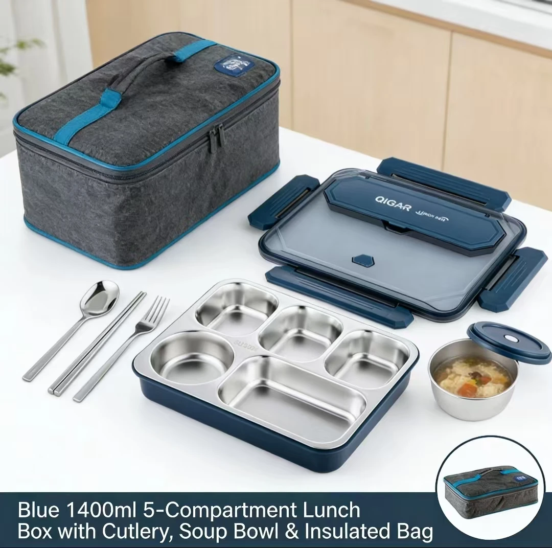 

Large Capacity 304 Stainless Steel Insulated Lunch Box 5 Compartment Bento Box with Soup Container for Students & Office Workers
