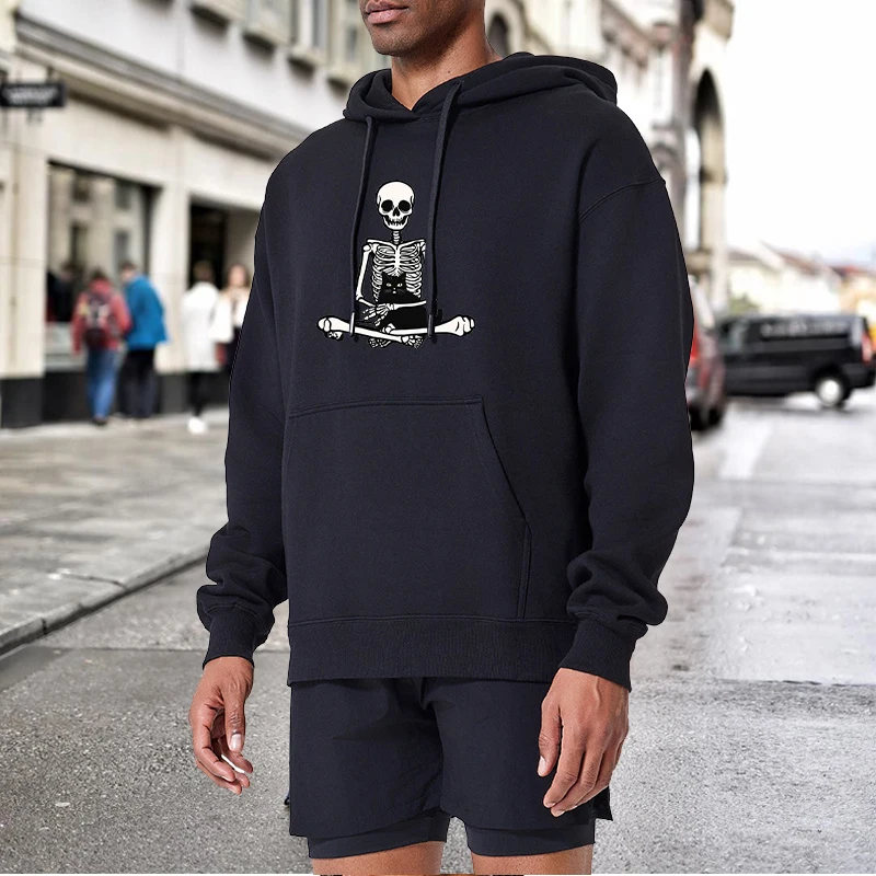 

Cute Skeleton and Cat Prints Sweatshirts Men Hooded Basics Hoodies Loose Fleece Warm Clothes Spring Comfortable Mans Streetwear