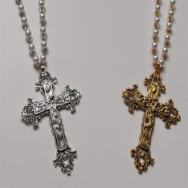 Gothic Large Detailed Cross Pendant Necklace White Pearl Crucifix rosary 2022 Women Fashion Charm Statement Jewelry Gift