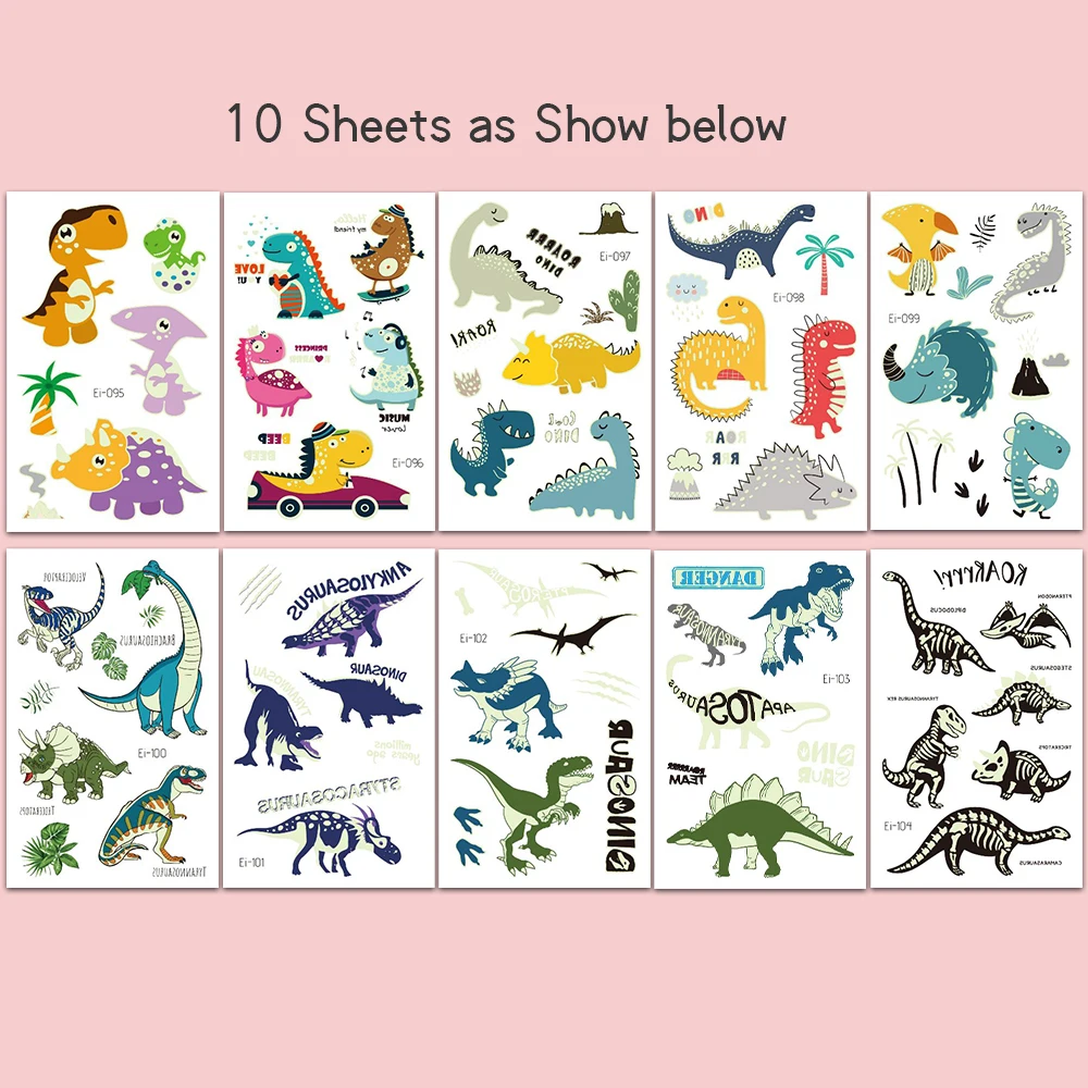 10 枚の光る恐竜タトゥーステッカー グリーンナイトグロー漫画恐竜ティラノサウルスレックス翼竜防水一時的な