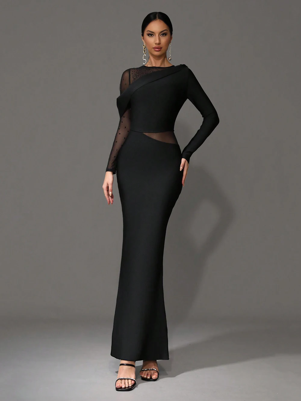Modphy Black Long Sleeves Bandage Dress Women Celebrity Sexy Mesh Patchwork Diamonds Maxi Bodycon Elegant Evening Party Dress