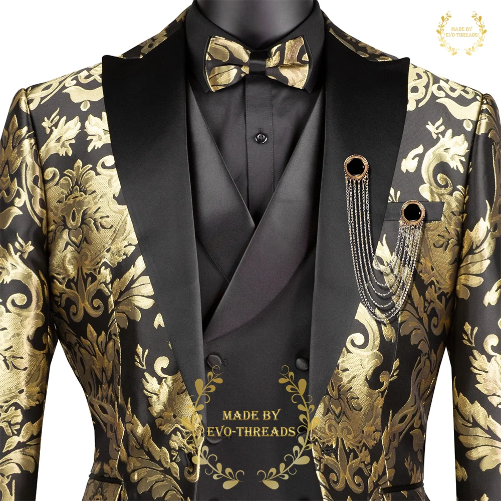 Abito jacquard da ragazzo premium Set da 3 pezzi Giacca floreale dorata Pantaloni Gilet Matrimonio Bambini Stile formale Smoking slim fit su misura