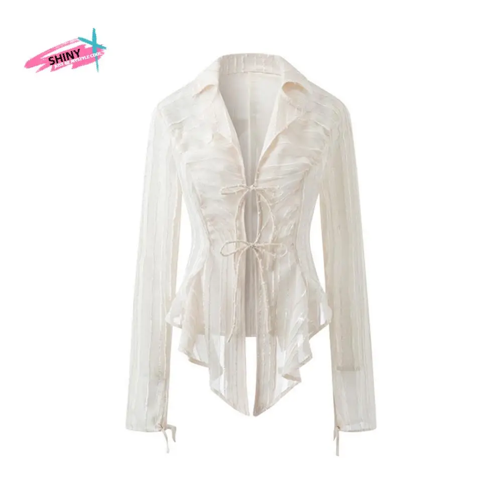

Personality V-neck Chiffon Sunscreen Shirt Irregular Lace-up Beige Shirt Women Loose Ruffle Long Sleeve Shirt Women