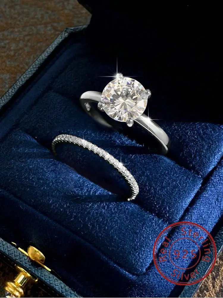 

925 Sterling Silver Simple Fashion Shiny Round Zircon Ring Set For Women Anniversary Wedding Luxury High Quality Fine Jewelry