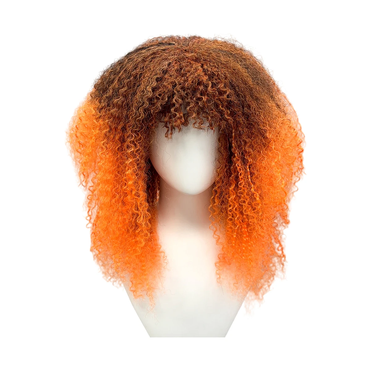 Brown Root Orange Ombre Afro Curly Wig Synthetic Hair Tiny Curl Bangs Hip Hop Cosplay Halloween Costume Party Full Wigs forWomen view 3