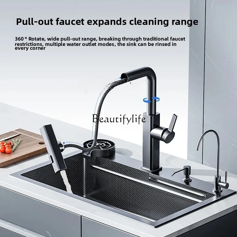 

Left Drainage Kitchen Sink Vegetable Basin Large Single Sink 304 Stainless Steel Nano Coated Sink Dishwashing
