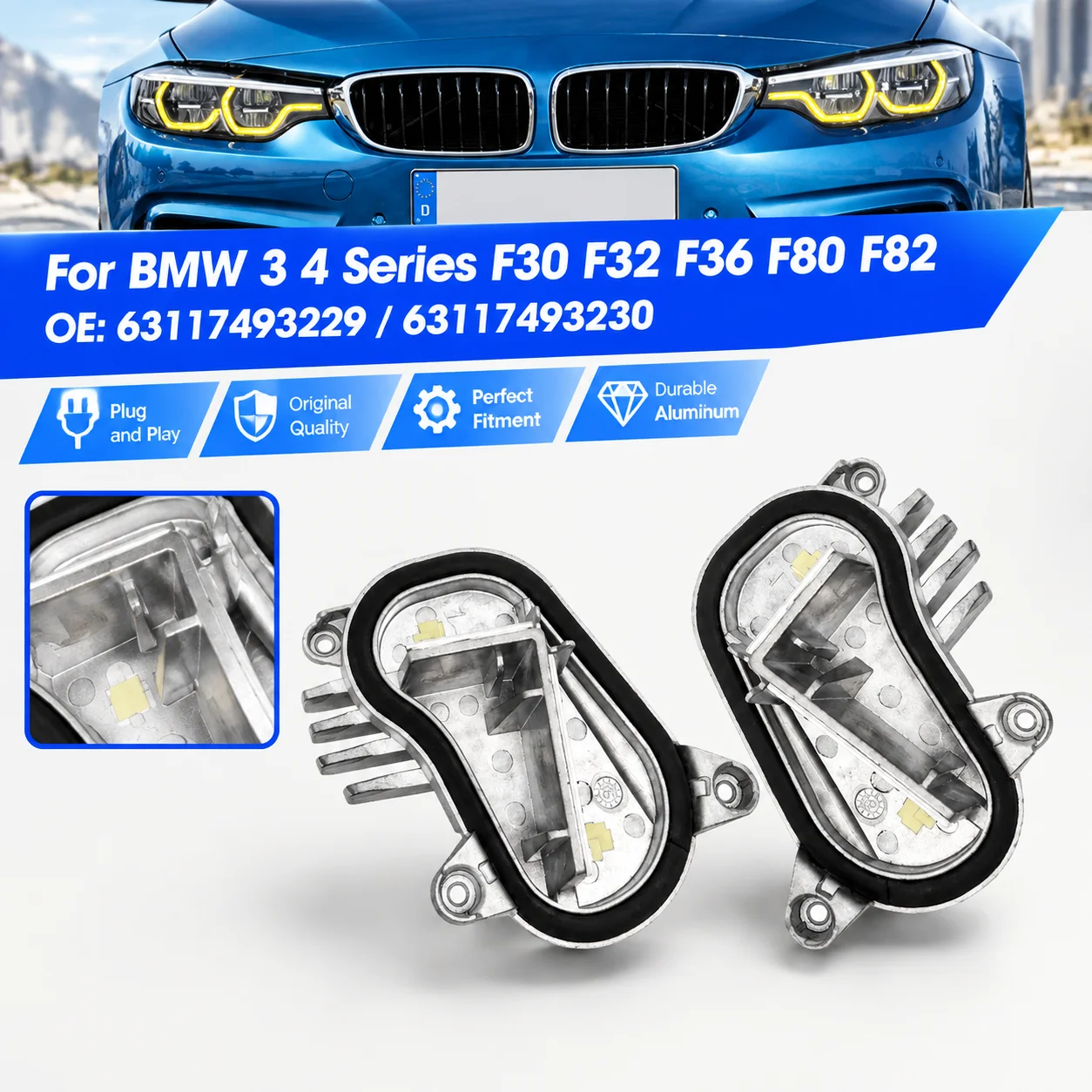 Ampoule de remplacement pour phare avant et feux de jour (DRL) pour BMW Série 3 F30 F80 et Série 4 F32 F36 F82 OE 63117493229 63117493230, lampe d'avertissement double face, remplacement direct, installation facile, installation rapide