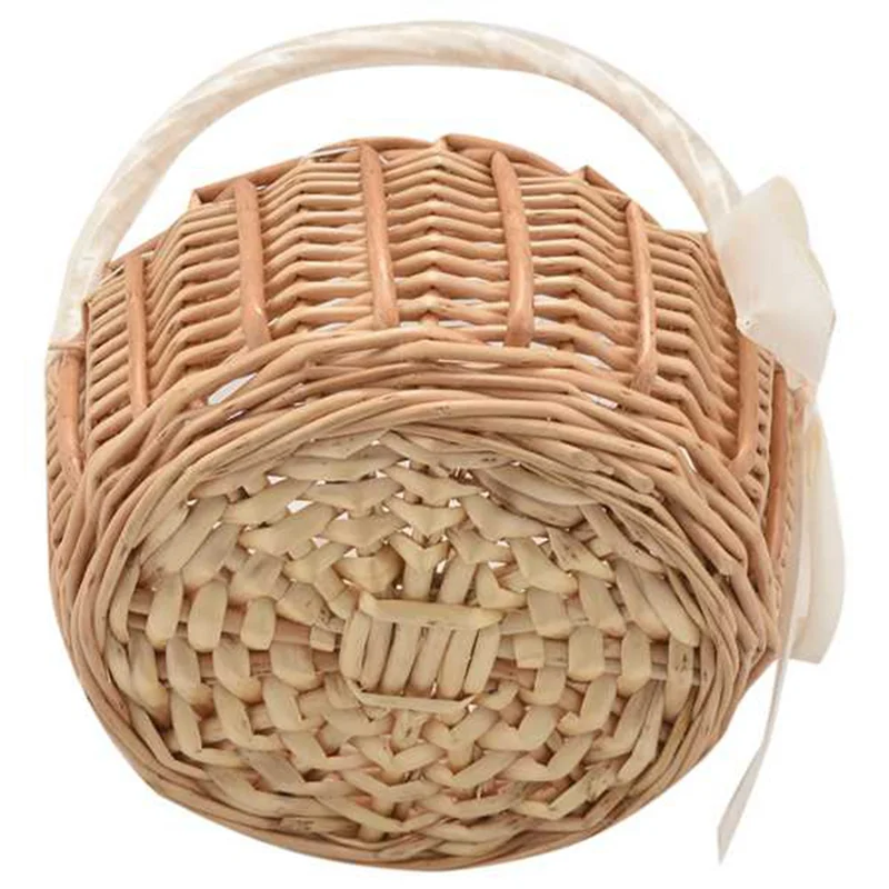 2Pcs Woven Flower Basket Rattan Storage Basket Flower Girl Hand Basket Handmade Flower Basket with Bow,Small