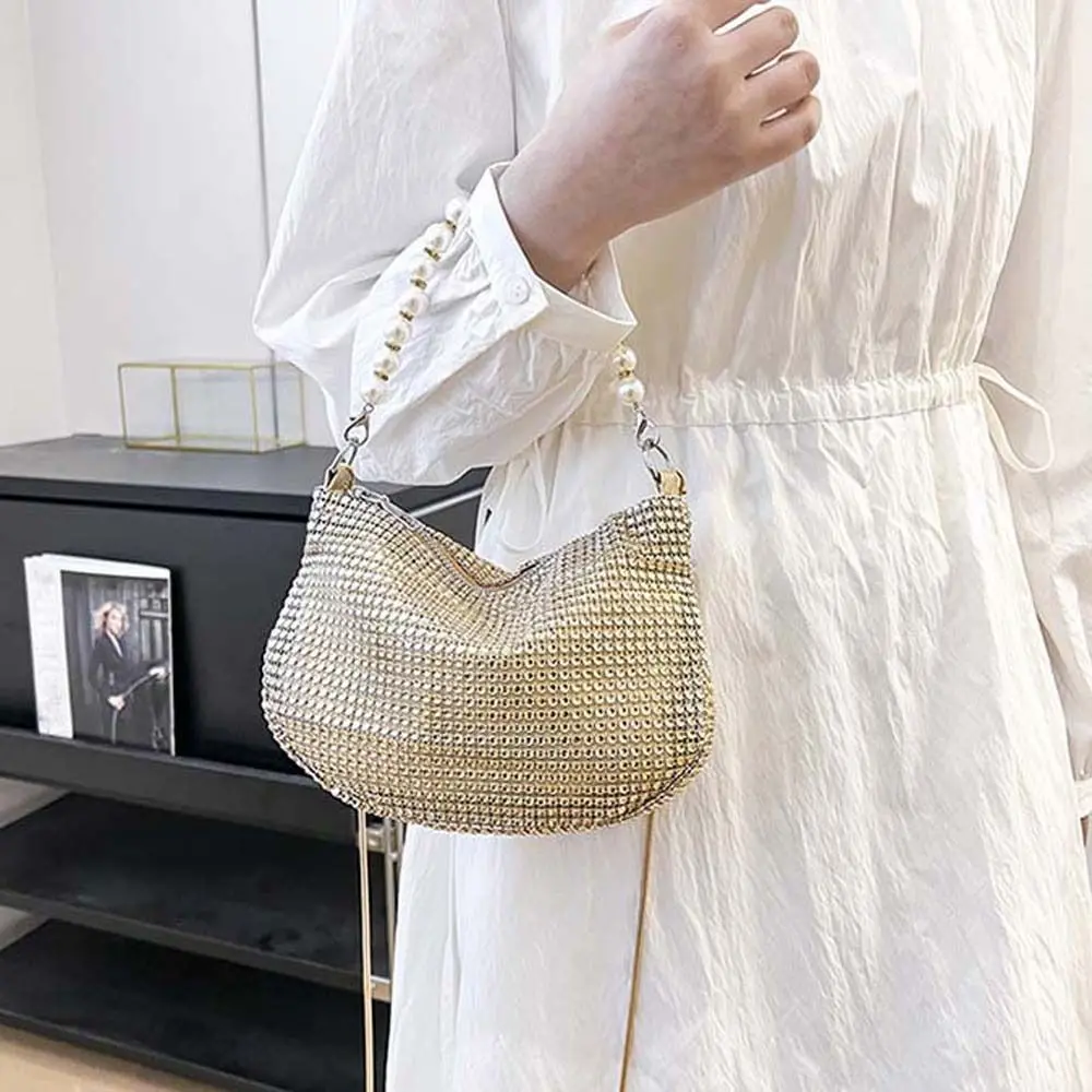 Crystal Shoulder Bag Rhinestone Pearl Handle Handbag Large Capacity Evening Clutch Underarm Bag Shopping Bag