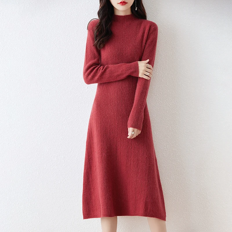 

Women Loose Dresses Longer 100% Wool Knitted Jumpers 2023 New Fashion Winter Female Mid-calf Soft Cashmere Pullovers