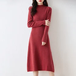 Women Loose Dresses Longer 100% Wool Knitted Jumpers 2023 New Fashion Winter  Female Mid-calf Soft Cashmere Pullovers