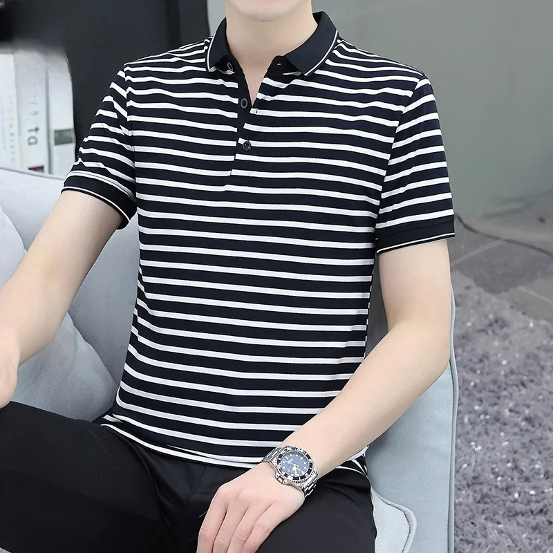 

Мужская футболка-поло Stripe с отложным воротником, летняя, новая трендовая модель, свободного кроя, из хлопка, не мнется