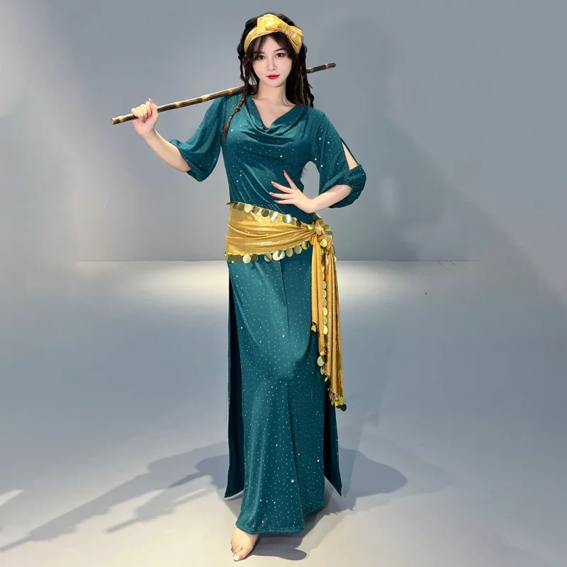 3pcs Set Professional Dance Clothing Baladi Belly Dance Performance Costume Lady Dance Practice Set Folk Robe Turban Waist Chain