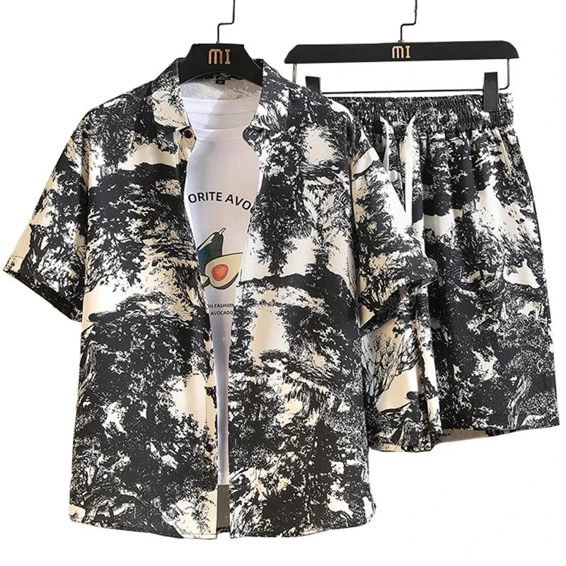 

Men's Loose Hawaiian Beach Set Ice Silk Short Sleeve Shirt And Shorts Single Breasted Casual Summer Vacation Travel Outfit