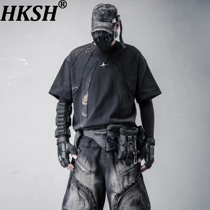 

HKSH Новая мужская футболка с коротким рукавом, весна-лето, темная, нишевая, асимметричная, с пэчворком, эффектом потертости, металлическими пуговицами, HK20200