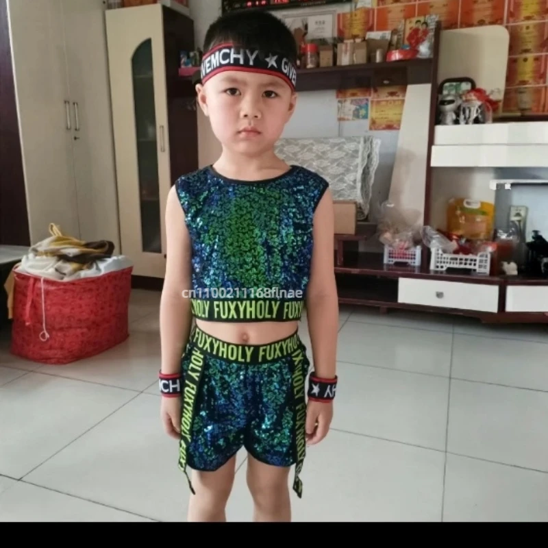 Trajes de desempenho de dança jazz infantil, trajes de desempenho de lantejoulas de dança moderna, conjuntos de dança de rua para meninos e meninas