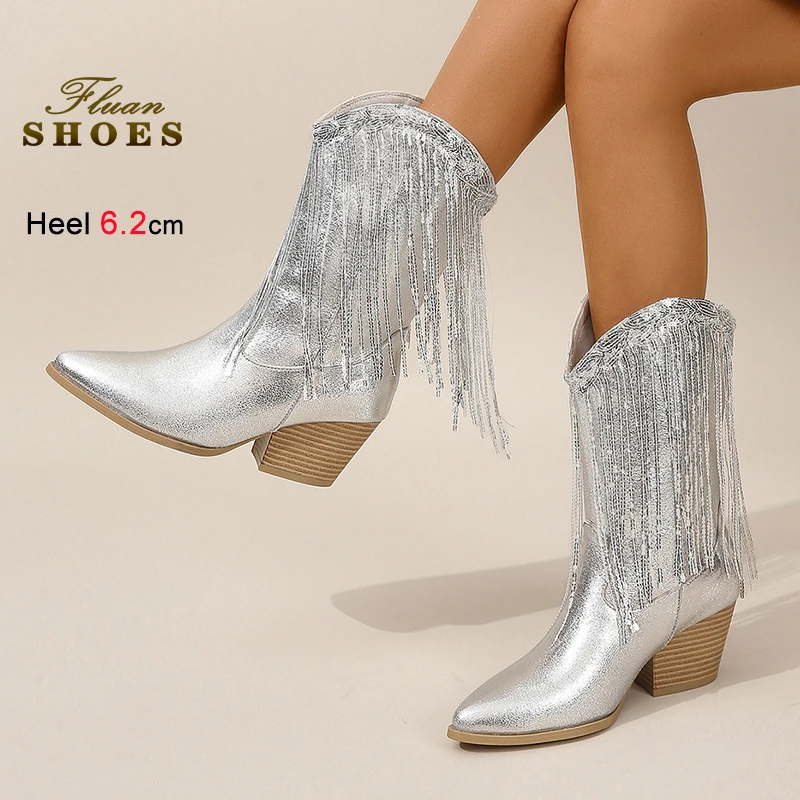 

Модные женские полусапоги 2026 года: весна-осень, серебристые, с пайетками и бахромой, на толстом высоком каблуке 6,2 см, с острым носком